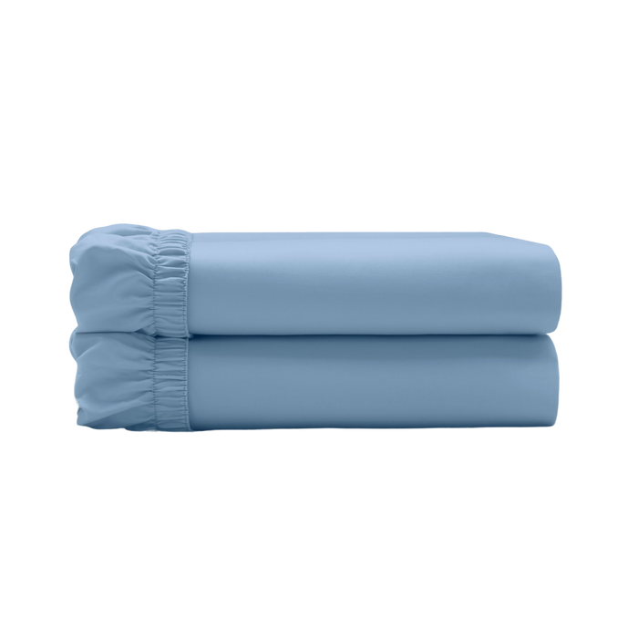 Two powder blue fitted sheets folded and stacked.