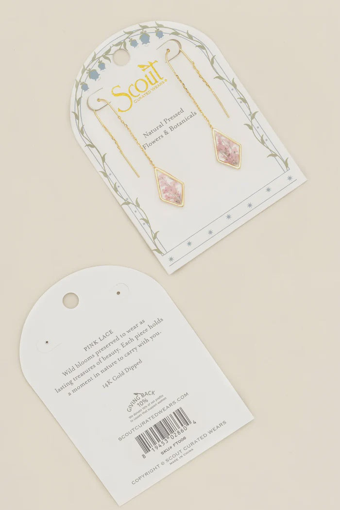 Pressed Flower Thread Earring - Pink Lace Flower/Gold